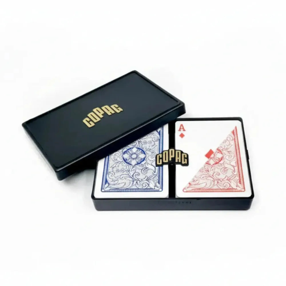 Copag Legacy 4‑Color 100% Plastic Playing Cards – Poker Size Regular Index Double Deck (Blue/Red)