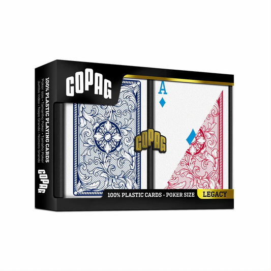 Copag Legacy 4‑Color 100% Plastic Playing Cards – Poker Size Regular Index Double Deck (Blue/Red)